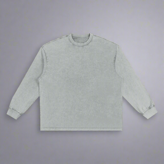 Light Gray Washed Oversize Long Sleeve T-Shirt - 100% Pure Cotton